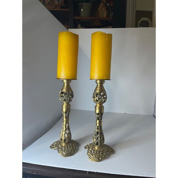 Vintage Brass Filigree Candlestick Holder Victorian Style